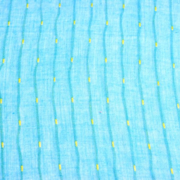 Coupon - Tissu léger coton turquoise rayures et pois jaunes