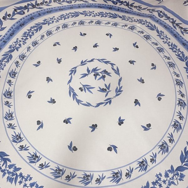 Tissu coton enduit provençal blanc imprimé olive bleue - Panneau de 175 centimètres (1)