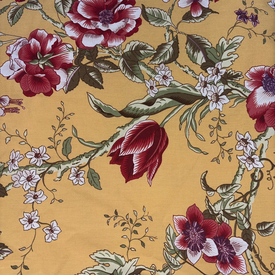 Tissu coton jaune imprimé fleuri rouge - Largeur 280 centimètres (1) Tissu coton jaune imprimé fleuri rouge - Largeur 280 centimètres (1)